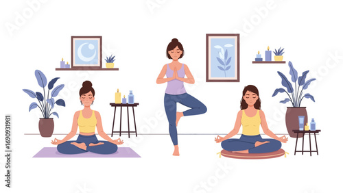 Three diverse women practicing yoga indoors in a cozy living room with plants and artwork promoting wellness and healthy lifestyle