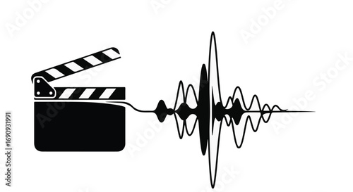 Clapperboard connected to audio waveform representing sound design for film and video production