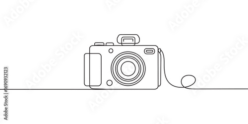 Minimalist Line Drawing of a Digital Camera with Flash, Representing Photography and Creative Expression