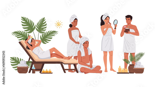 Diverse group of people enjoying a relaxing spa day with facial treatments and body care in a serene tropical setting with plants and candles