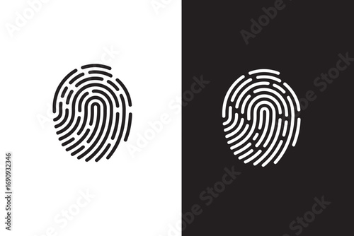 Monochrome fingerprint icon set on black and white backgrounds. Unique thumbprint symbol for security, biometrics, and personal identification