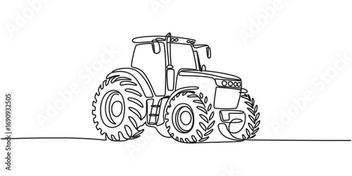 One continuous line drawing of a modern farm tractor. Agricultural machinery vehicle minimalist vector art illustration for logo