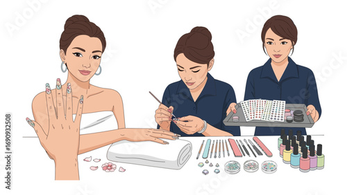 Three women in a beauty salon receiving and giving manicures with nail polish bottles and tools laid out on a table