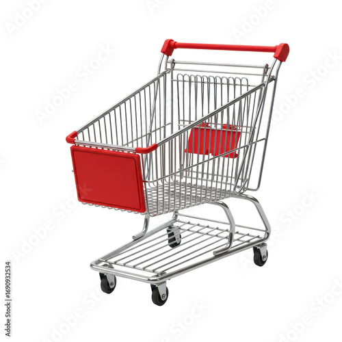 Isolated view of an empty metal shopping cart with red accents, ideal for retail, commerce, or grocery store concepts.
