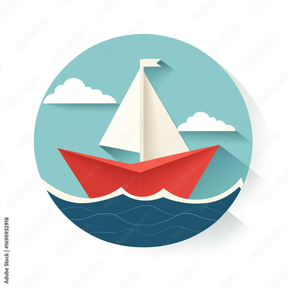 Fototapeta premium A simple, three-dimensional geometric paper boat with colorful folded sides on a white background. 