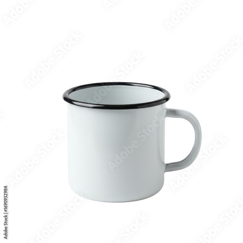 Simple white enamel mug with a black rim and handle, isolated on white background, perfect for rustic or camping themes.
