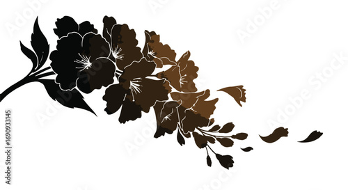 Elegant dark floral branch with falling petals, evoking beauty and transition