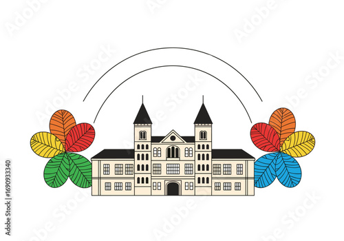 Vibrant university building with colorful leaves and arcs symbolizing growth and learning