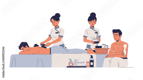 Two professional female massage therapists providing hot stone therapy and a relaxing full body massage to clients in a serene spa setting