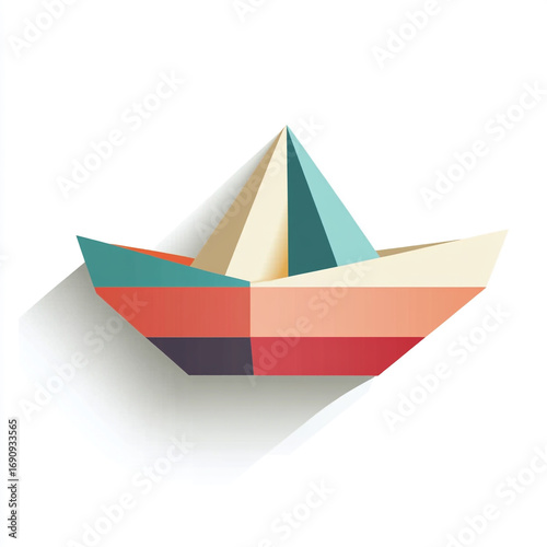 A simple, three-dimensional geometric paper boat with colorful folded sides on a white background. Free Download A simple, three-dimensional geometric paper boat with colorful folded sides on a white background. - GFXLoad