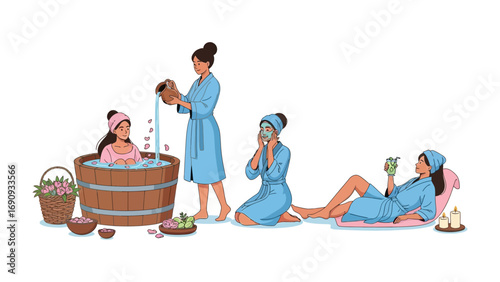 Group of women enjoying a relaxing spa day with various treatments including a wooden tub bath and massage therapy