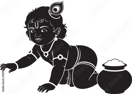 Baby Krishna silhouette crawling towards a pot of butter with peacock feather hindu god infant krishna