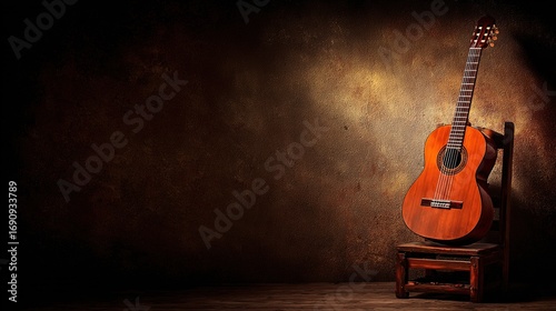 Acoustic guitar on wooden bench, detailed texture in warm light – timeless musical elegance