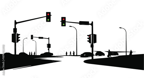 Silhouetted traffic lights and cars at a busy intersection on a bright day