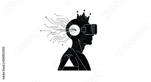 Profile silhouette wearing VR headset with digital data streams emanating from head