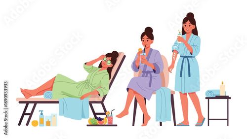 Three diverse women in plush spa robes relaxing and enjoying a serene spa day with skincare products and towels