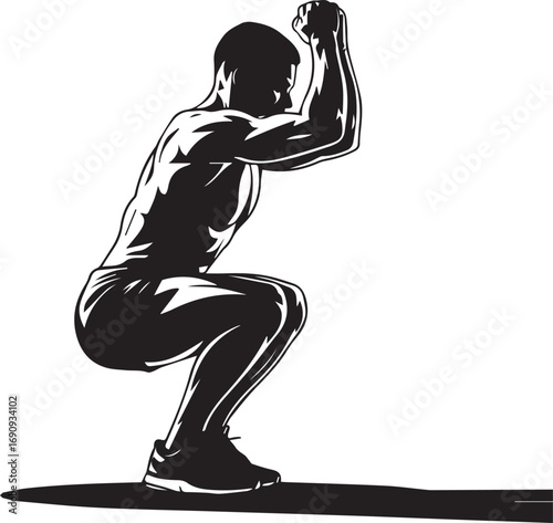 Athletic silhouette of a man performing a squat exercise in dynamic pose