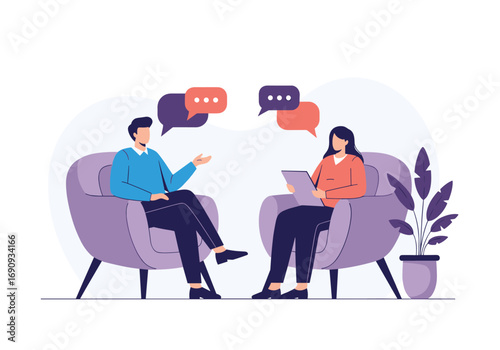 Two people having a conversation in chairs with speech bubbles above their heads