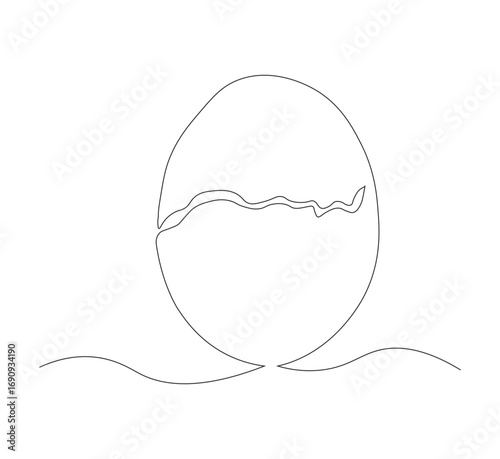Draw one continuous line of a cracked egg shell. white background. One line organic farming products concept. Editable outline