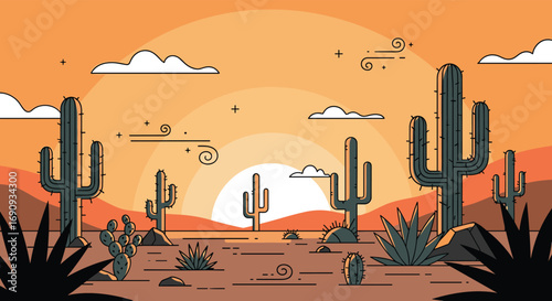 Pixel art desert landscape at sunset with cacti