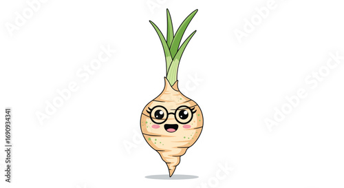 Cute kawaii cartoon onion character with glasses and a smiling face