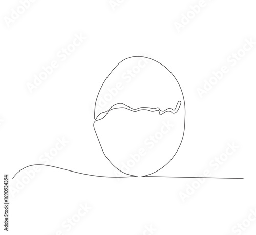 Draw one continuous line of a cracked egg shell. white background. One line organic farming products concept. Editable outline