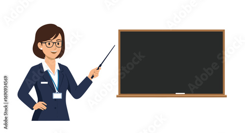 Engaging teacher presenting information on a blackboard with enthusiasm and confidence