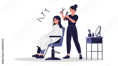 Professional female hairdresser carefully cutting long dark hair of a seated client in a modern salon with styling tools and mirror