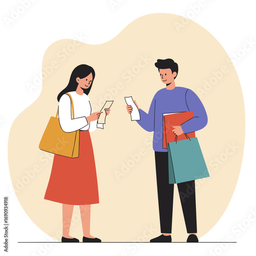 Young couple checking shopping receipts while standing indoors  