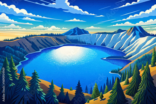 Crater Lake in Oregon, USA, formed in volcanic caldera, deep blue waters, famous natural landmark