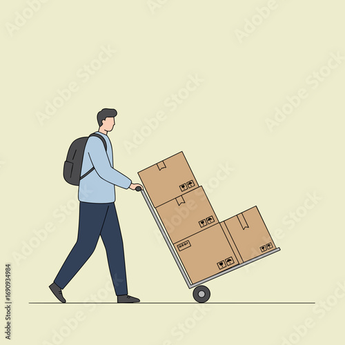 Man pushing trolley with large boxes in a minimal style  