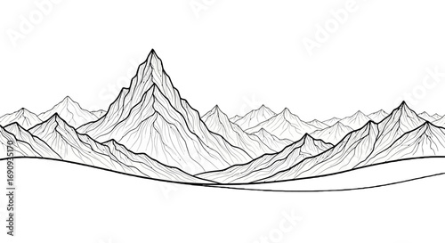 Majestic Mountain Range Line Art Panoramic Black and White Illustration