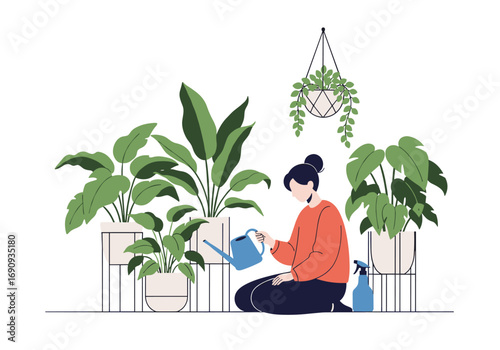 Gardening hobbyist nurturing indoor plants with watering can and spray bottle