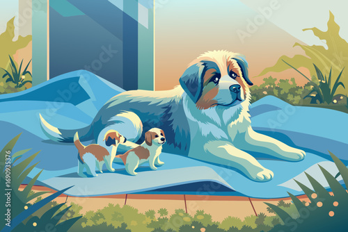 Shepherd dog lying down, puppies playing around, sense of protection and home comfort