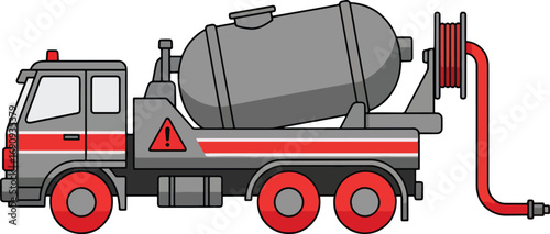Cartoon sewage truck spraying water with a red hose on a white background, creating a playful and whimsical scene for children's content.