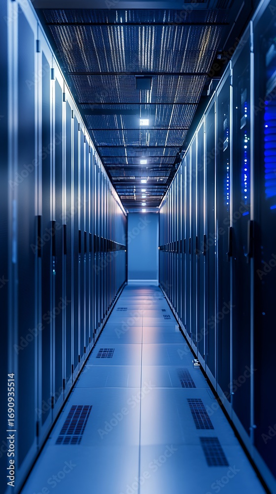 Fototapeta premium A long corridor in a server room with rows of server racks and a reflective floor in a blue color tone