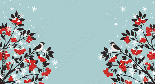 Winter scene with rowan branches and birds on a light blue background with snowflakes