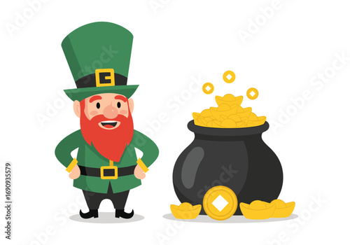Charming leprechaun guarding a pot full of golden treasures