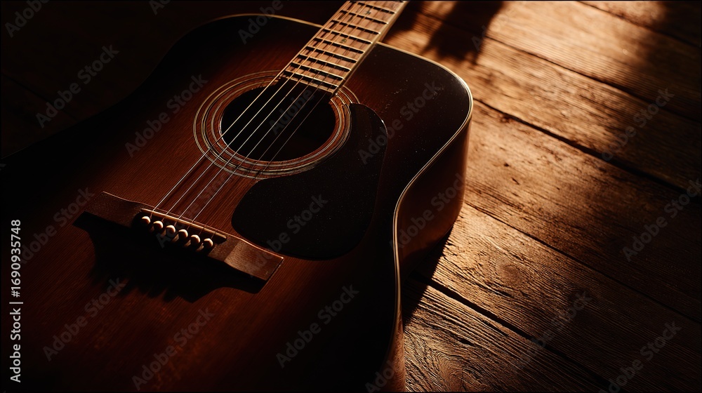 Fototapeta premium Acoustic guitar on wooden bench, detailed texture in warm light – timeless musical elegance