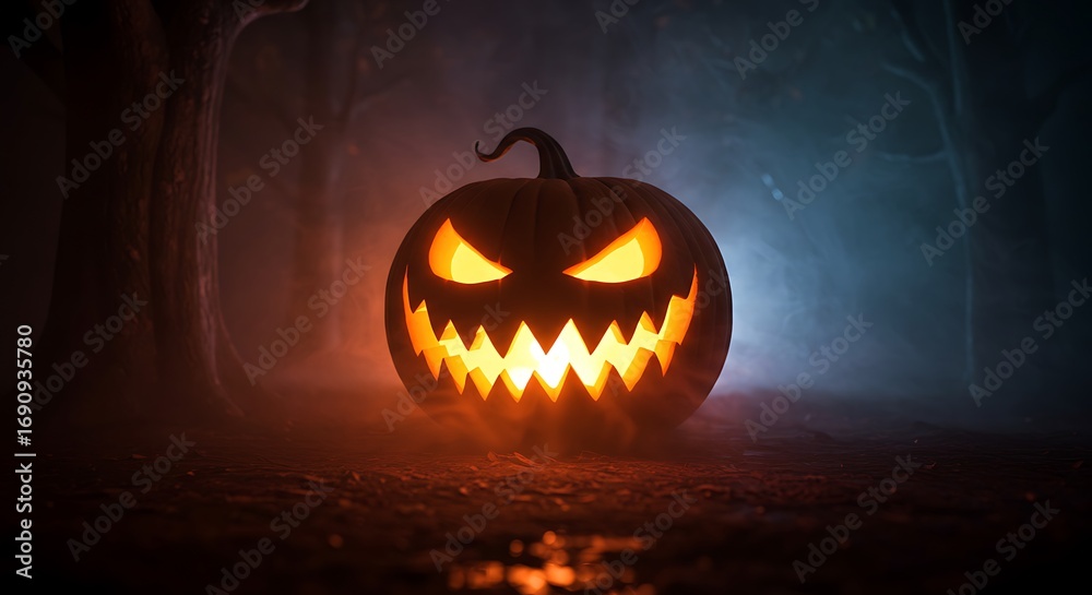 Naklejka premium Eerie Jack-o'-lantern with a glowing, scary face sitting on the ground in a spooky, dark forest at night surrounded by mist