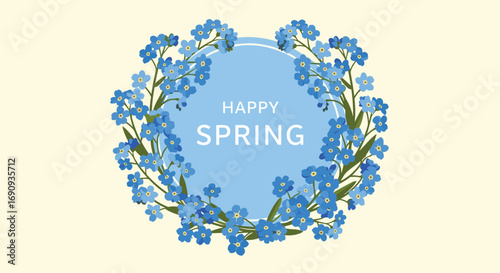 Celebrating the arrival of spring with a delicate wreath of blue forget-me-not flowers and a joyful greeting