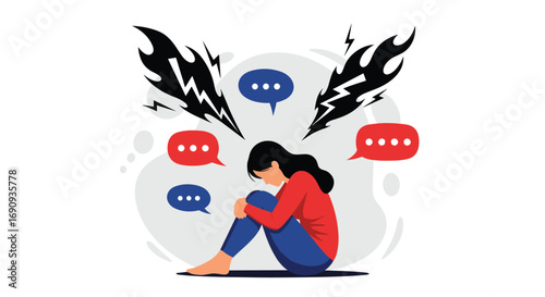 Woman experiencing anxiety and distress from overwhelming communication and negative thoughts affecting mental health and well-being