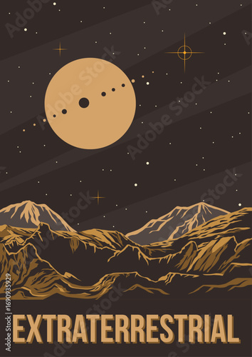 Extraterrestrial Landscape Vector Illustration. Distant Planets, Stars, Mountains. Fantastic Worlds Poster 