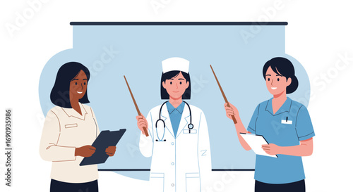 Medical professionals presenting information sharing knowledge and best practices in healthcare education