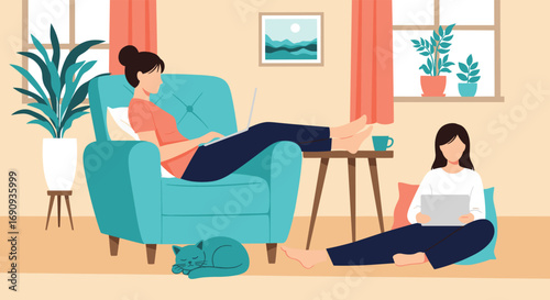 Two women working on laptops in a comfortable living room setting with plants and a cat nearby
