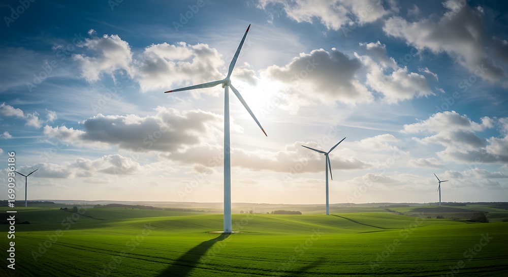 Obraz premium Scenic view of a wind farm on a lush green meadow, symbolizing clean electricity and environmental conservation