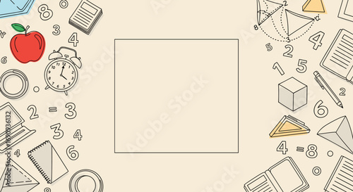Creative educational background with math symbols apple and learning icons for study and teaching resources
