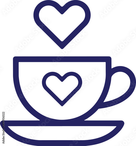 Coffee cup with hearts, a symbol of love and affection in a simple line art style