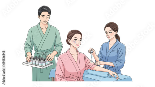 Medical professionals administering intravenous therapy to a patient in a clinic or hospital setting with a male assistant holding medical supplies