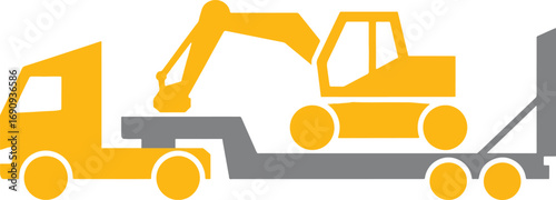 Excavator sits on a lowboy trailer being hauled to a construction site, symbolizing equipment transport and infrastructure development in a modern, efficient manner.